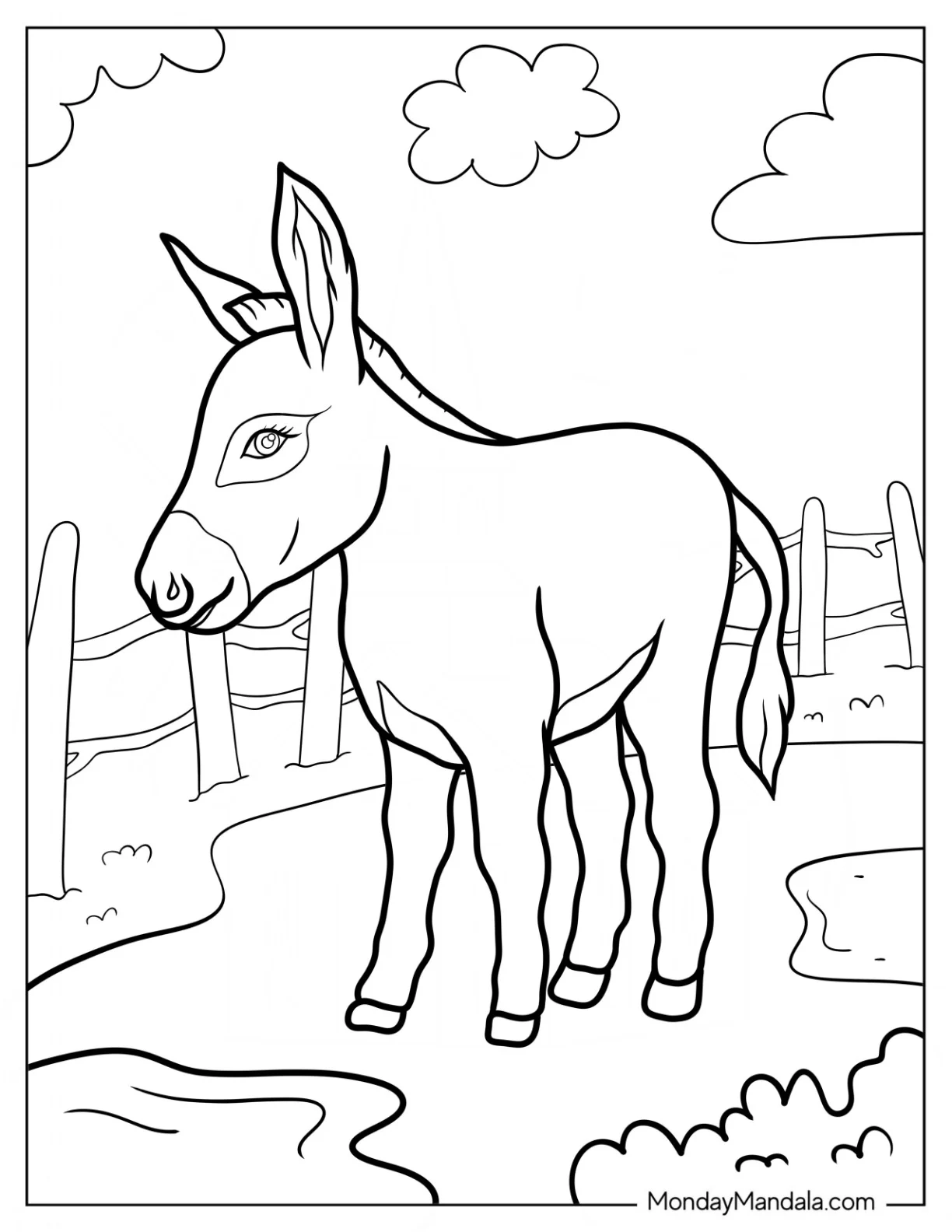 Realistic Smiling Donkey Coloring Page For Kids coloring page