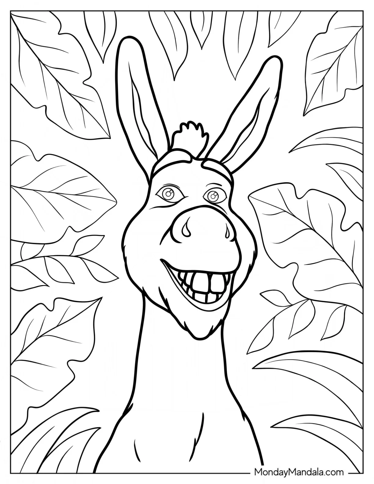 Shrek Donkey Coloring Page Smiling coloring page — printable line art