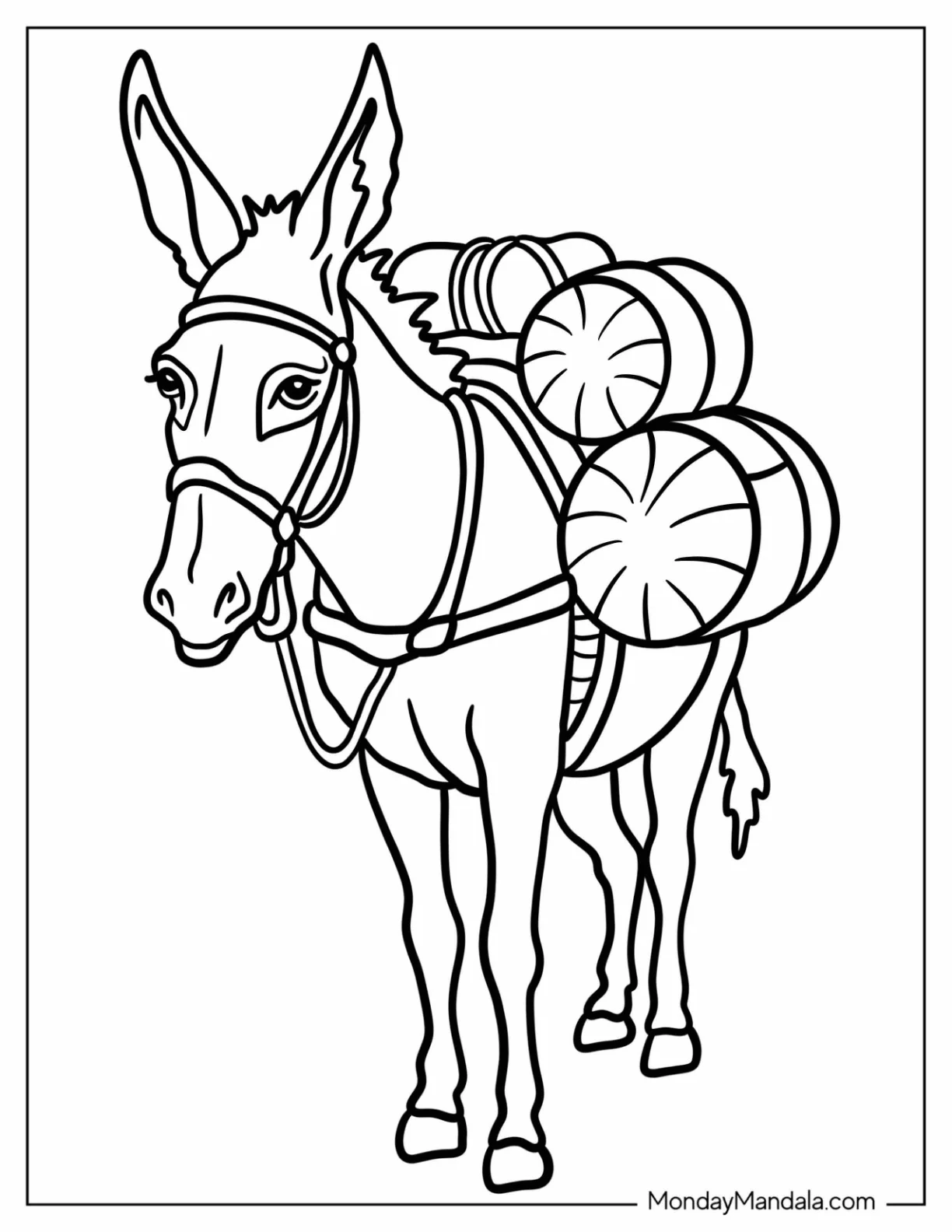 Simple Donkey Coloring Page Carrying Heavy Loads on Its Back for Kids coloring page