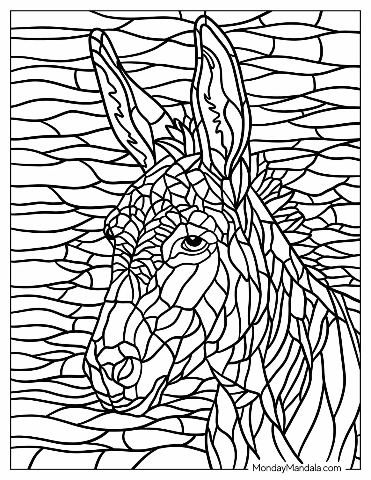 Stained Glass Donkey Coloring Page with Long Ears and Gentle Eyes for Adults coloring page