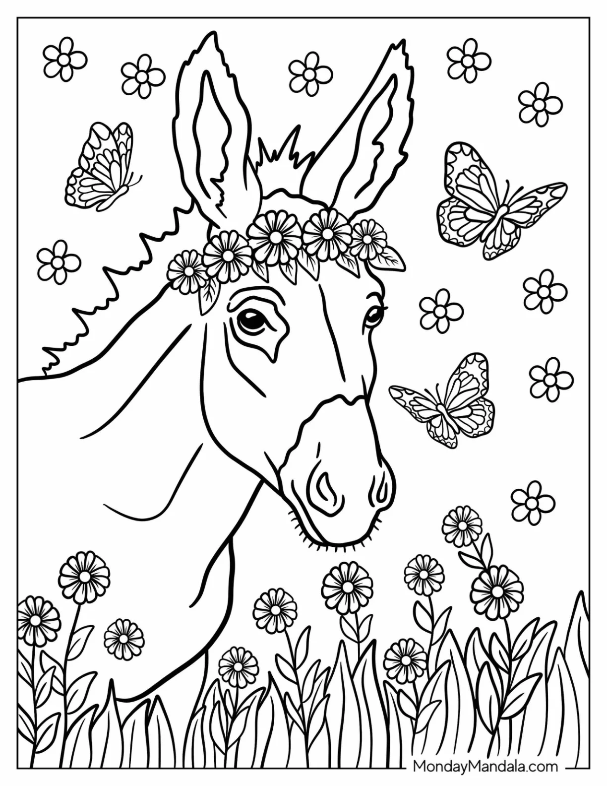 Sweet Donkey Coloring Page Wearing a Flower Crown Among Butterflies coloring page