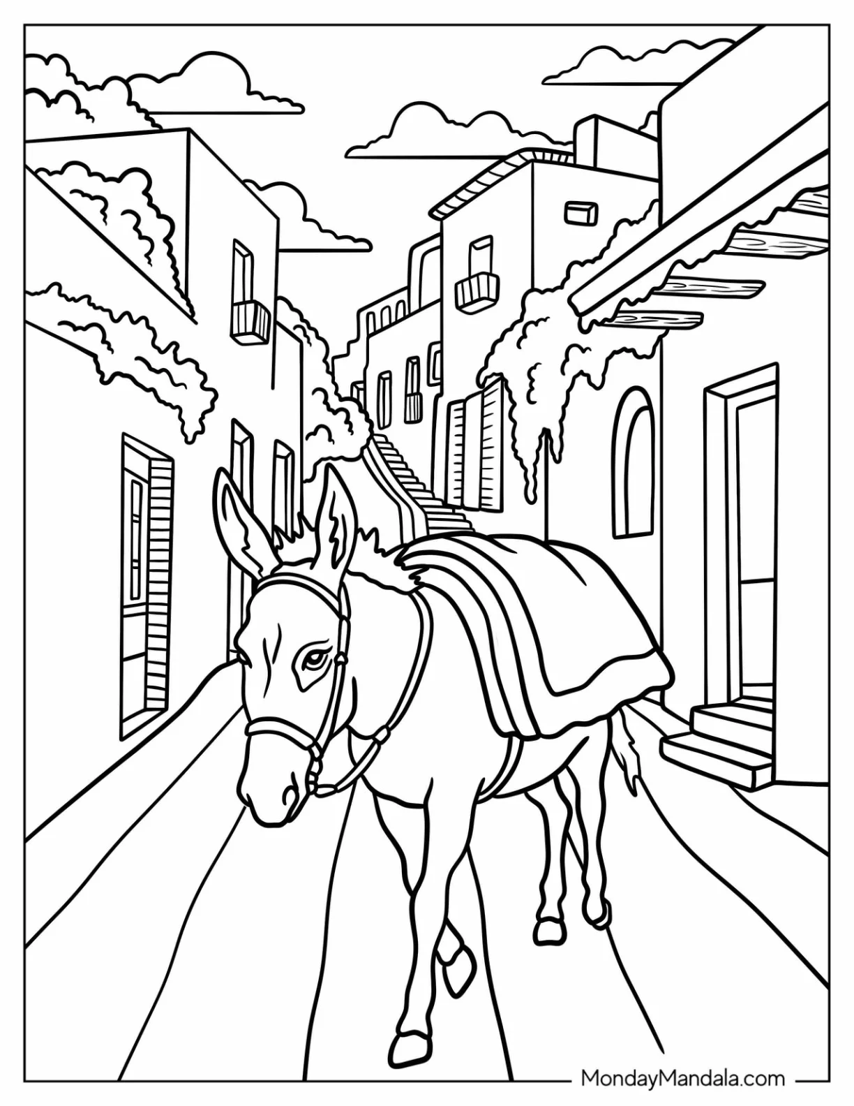 Village Donkey Coloring Page Carrying Its Load Along Rustic Streets coloring page