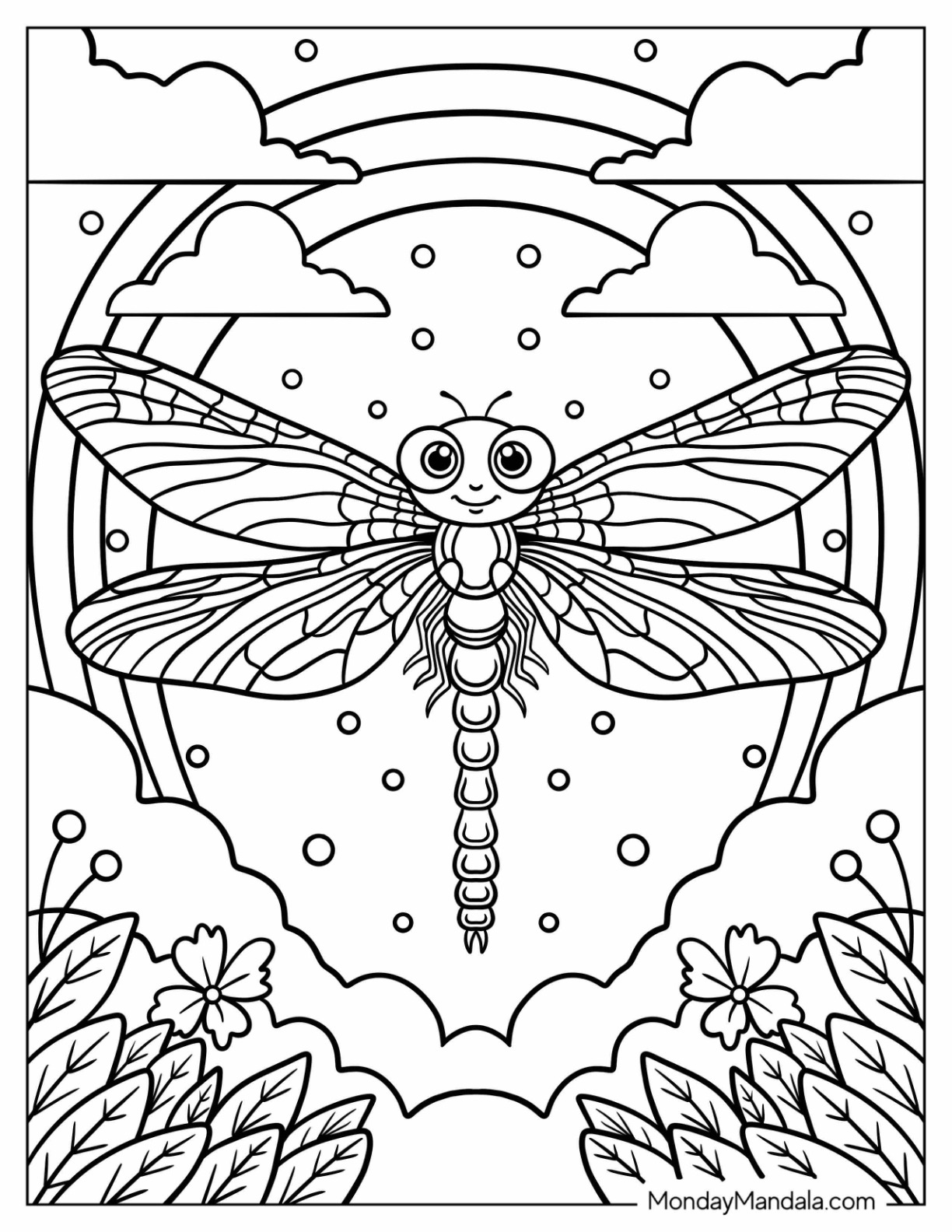 Adorable Dragonfly Coloring Page with Rainbow and Flowers in the Background coloring page