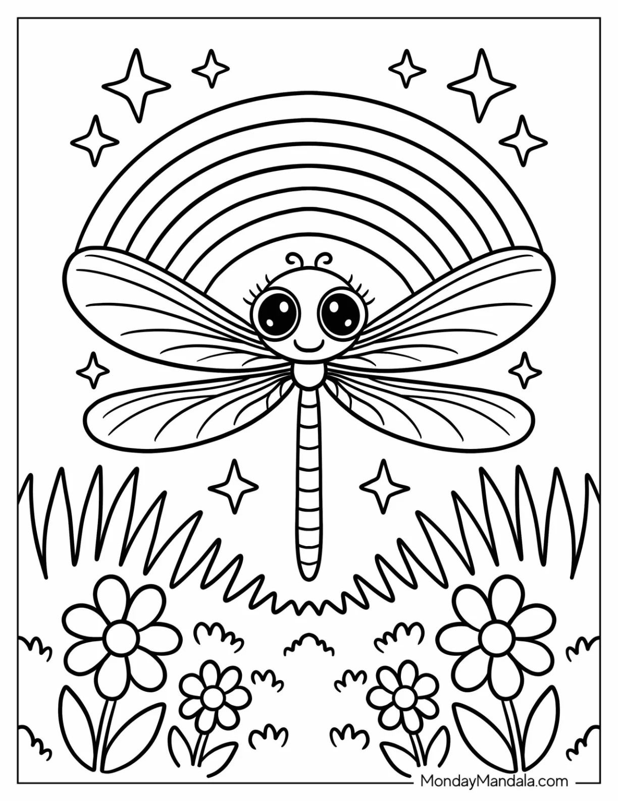 Baby Dragonfly Coloring Page on a Flower Field with Sparkles and Rainbowfor Preschoolers coloring page