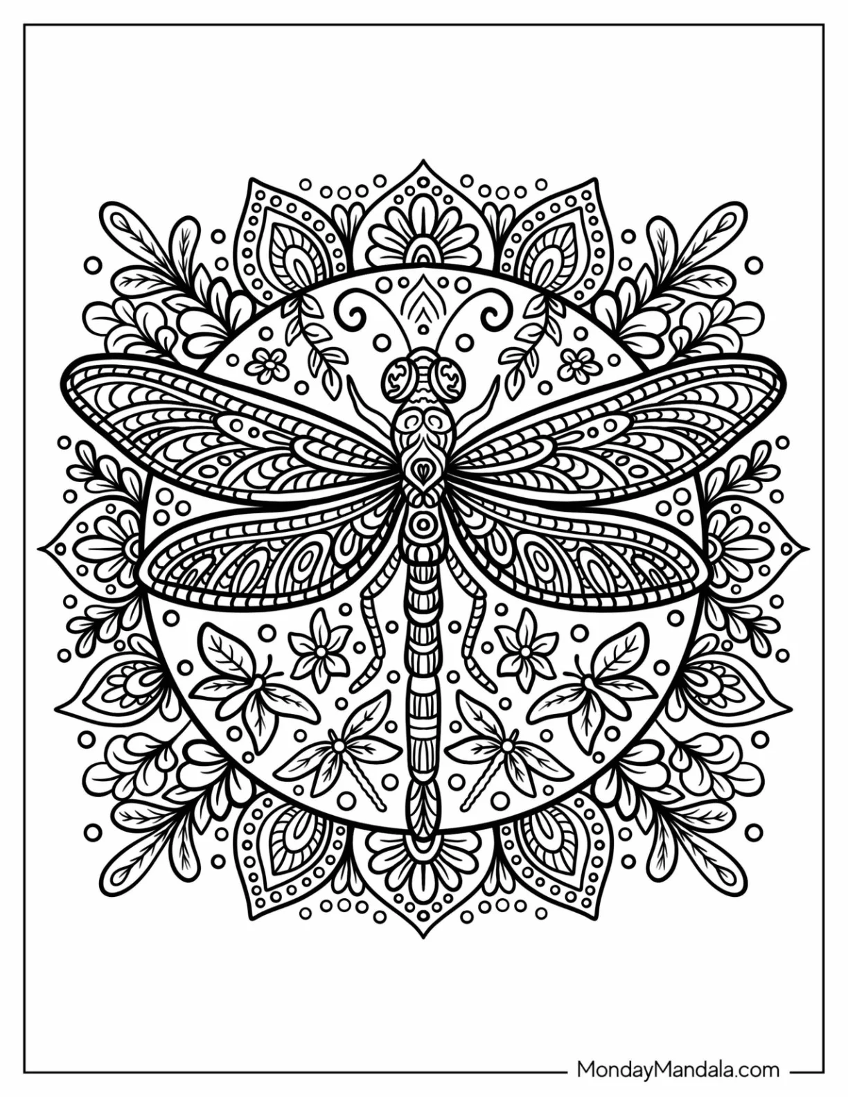 Beautiful Dragonfly Coloring Page with Flower Petals coloring page — printable line art