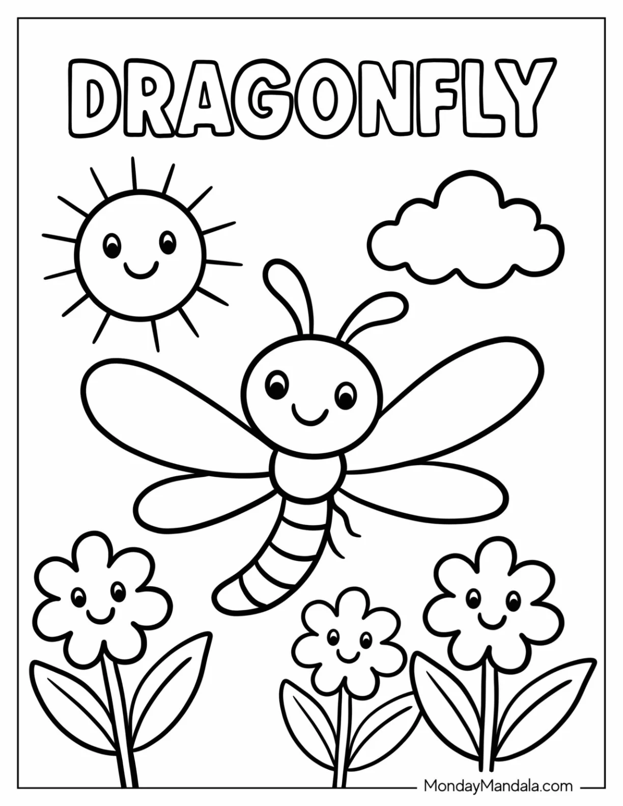 Cute Dragonfly Coloring Page with Three Flowers and Smiling Sun for Preschoolers coloring page — printable line art
