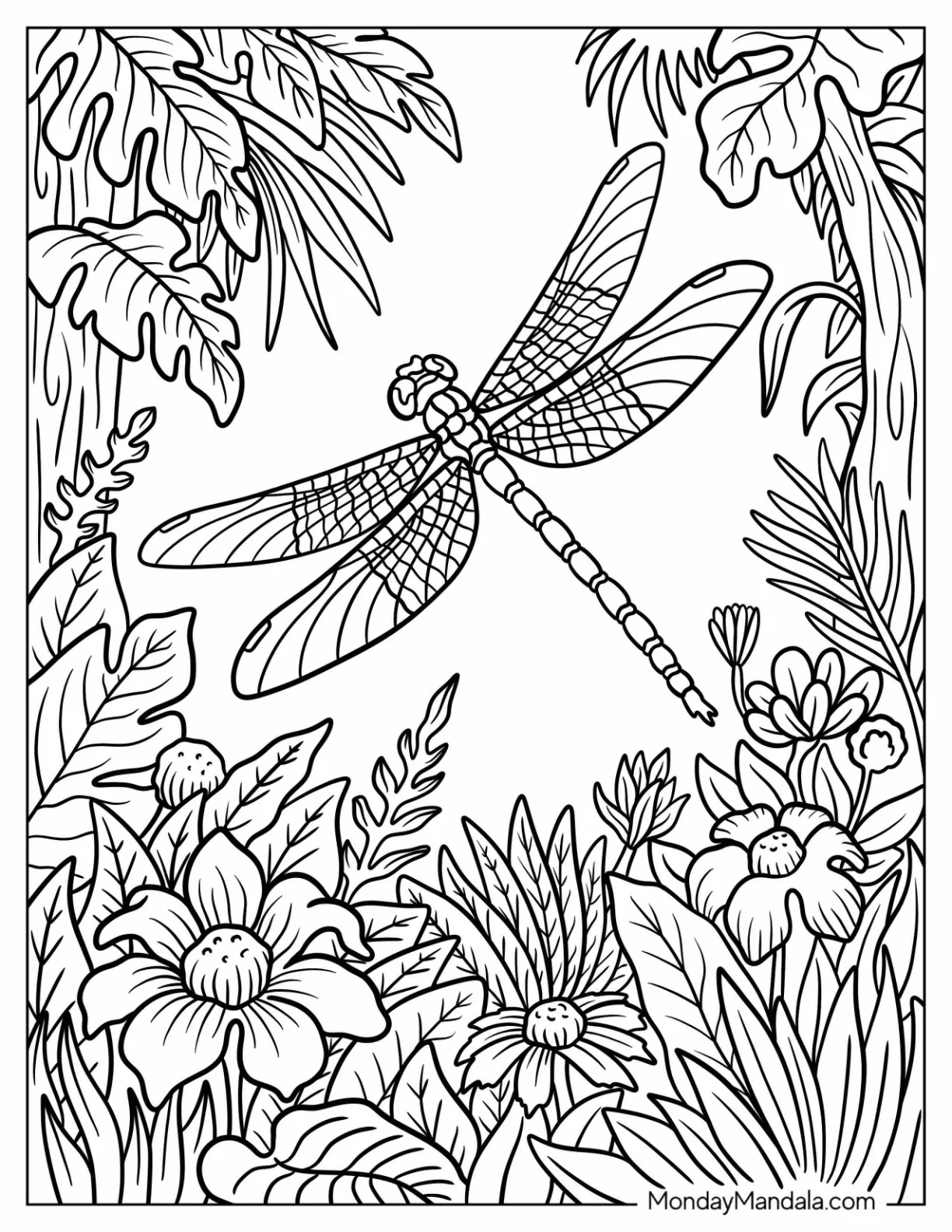 Dragonfly Coloring Page Hovering over Flowers in Forest coloring page — printable line art