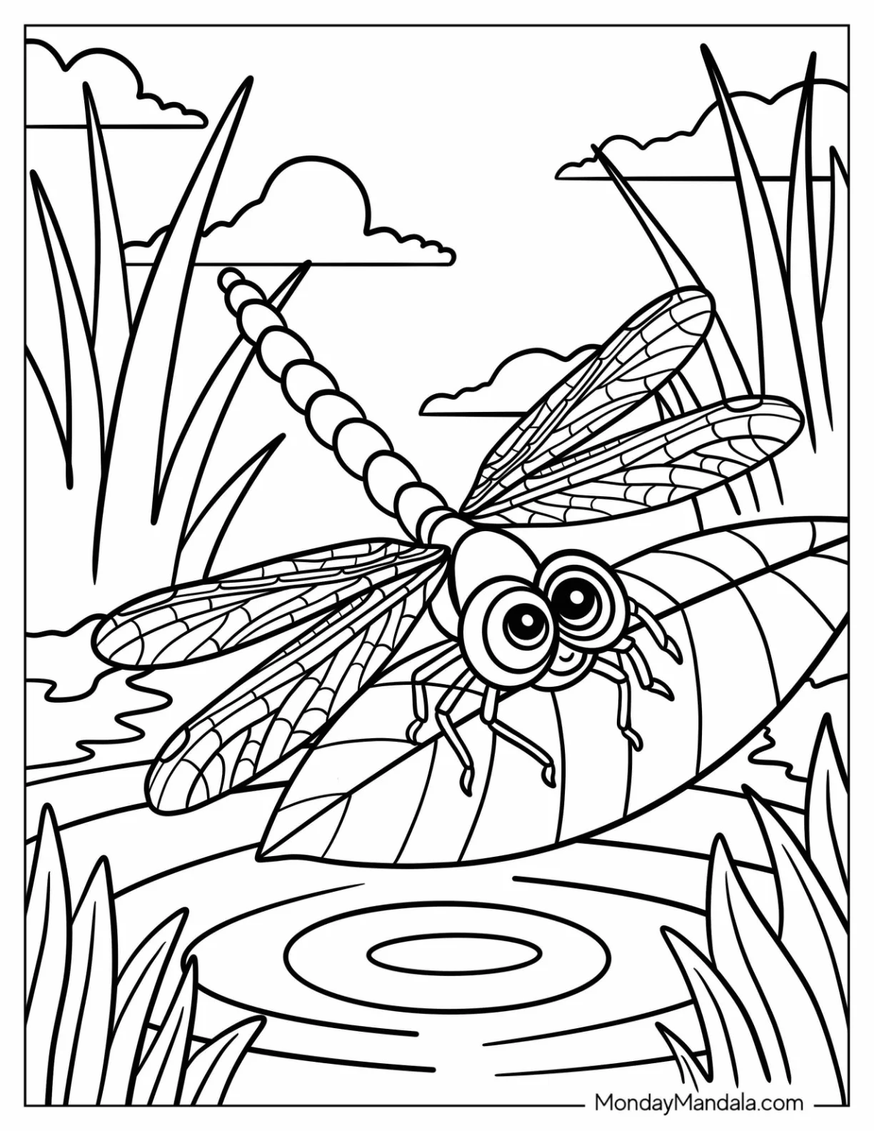 Dragonfly Coloring Page Perched on Leaf over the Water coloring page — printable line art