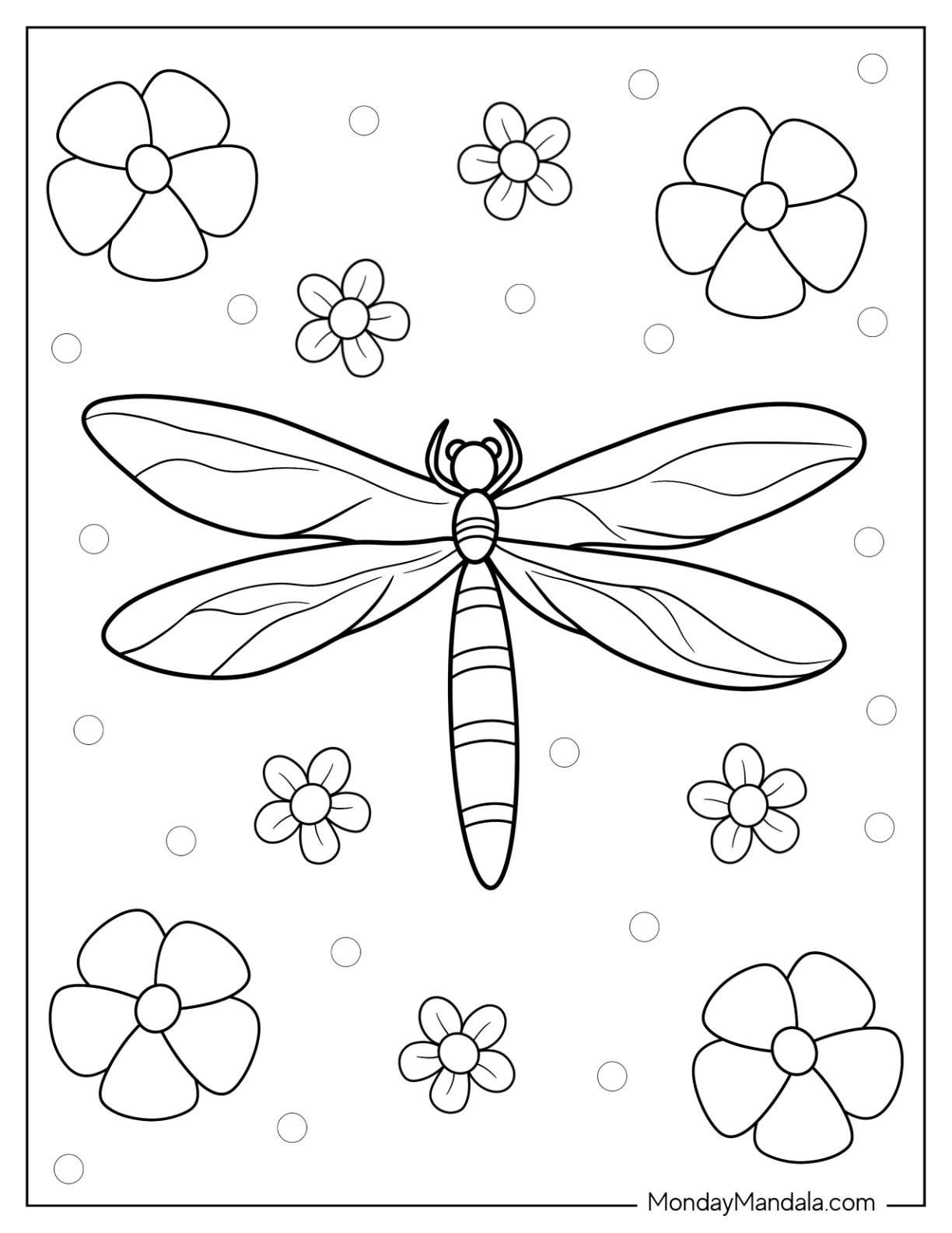 Dragonfly Coloring Page With Large Wings And Flowers In Background coloring page