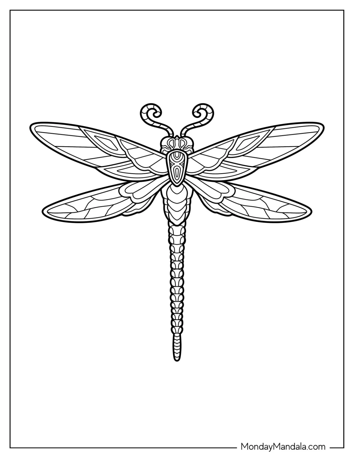 Elegant Dragonfly Coloring Page With Curly Antenna coloring page — printable line art