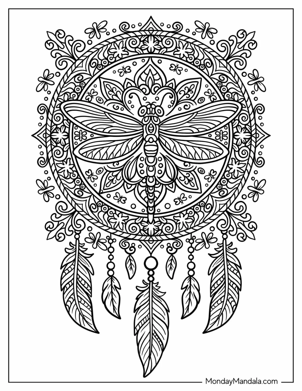 Ornate Dragonfly Coloring Page Mandala with Feathers coloring page