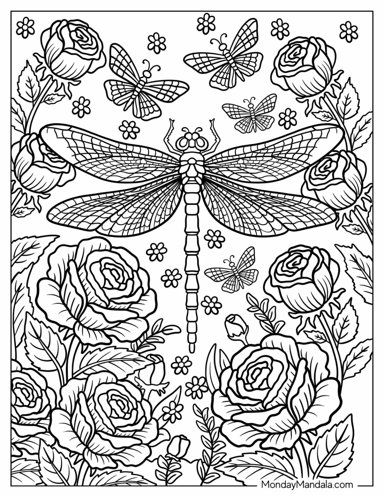 Realistic Dragonfly Coloring Page Among Roses coloring page