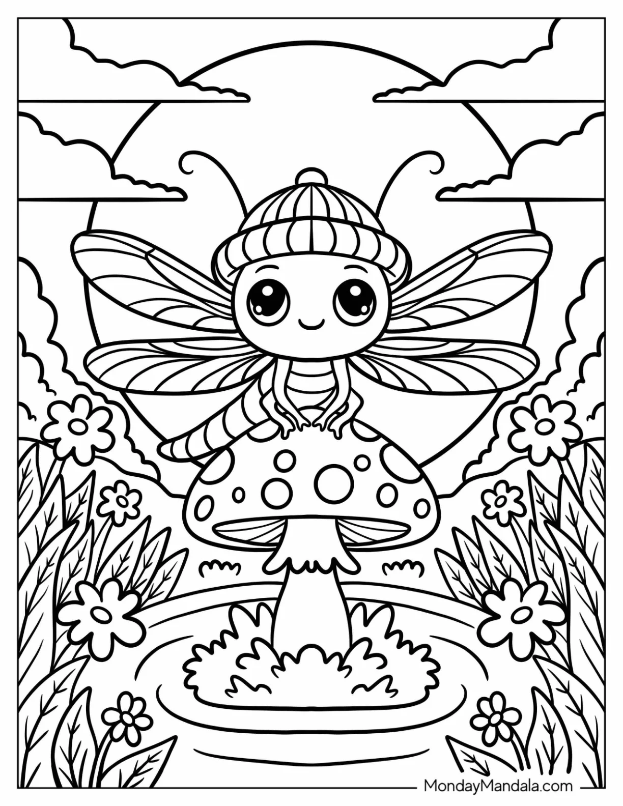 Tiny Dragonfly Coloring Page Sitting on a Mushroom for Kids coloring page