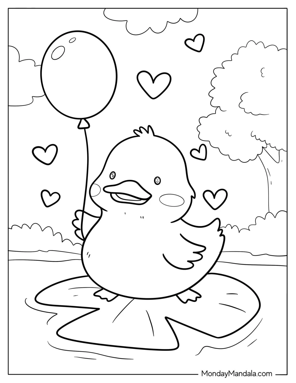 Adorable Duck With Balloon Standing On Lily Pad Coloring Sheet For Preschoolers coloring page — printable line art