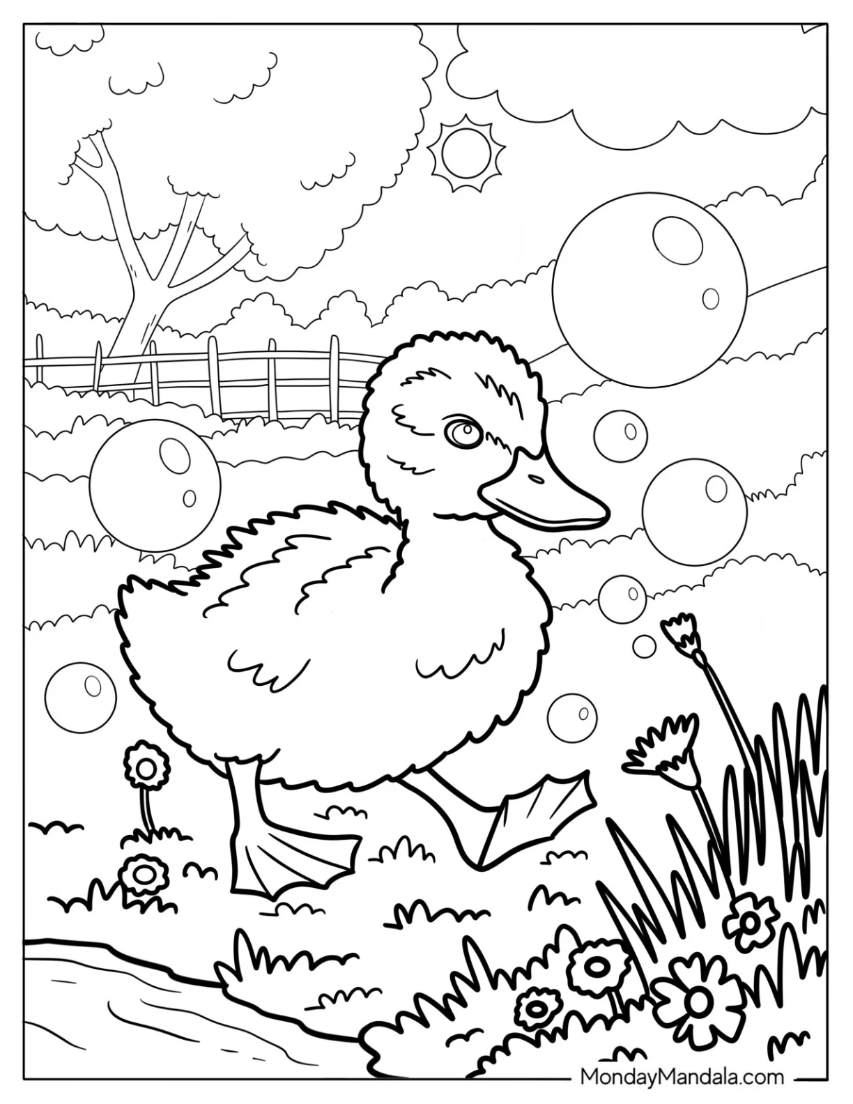 Baby Duck Walking Through Bubbles coloring page — printable line art