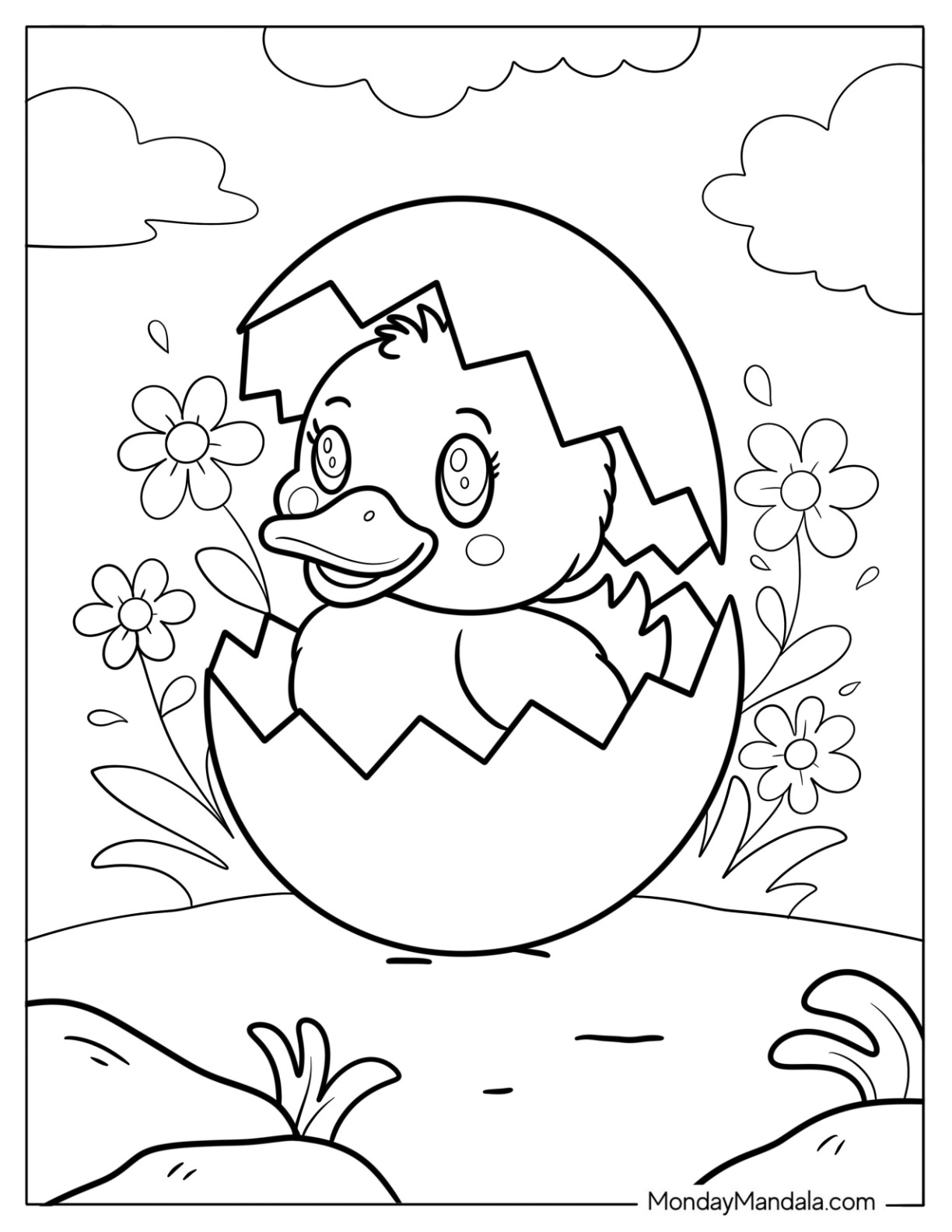 Cute Duckling in an Eggshell Coloring Sheet For Kids coloring page — printable line art
