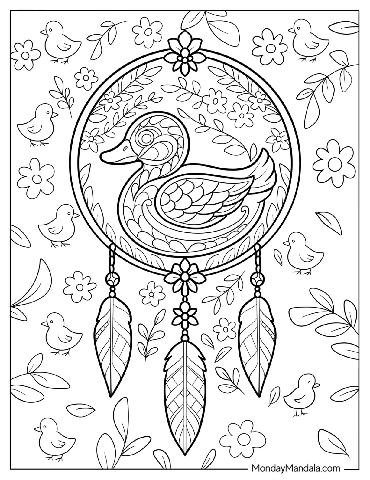 Duck Dreamcatcher with Feathers and Flowers Coloring Sheet coloring page — printable line art
