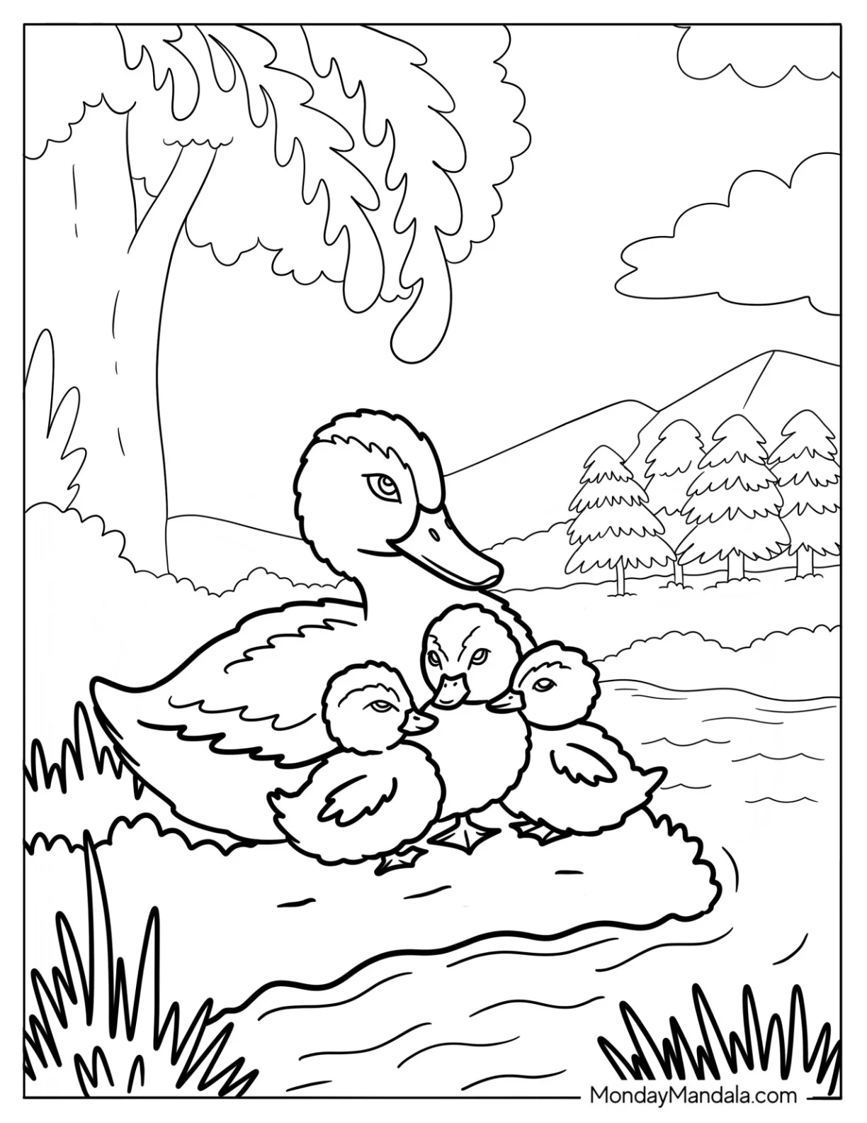 Duck Family Resting Near the Water Coloring Sheet coloring page