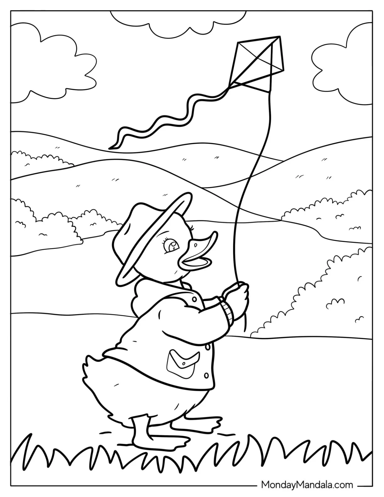 Duck Flying a Kite in the Countryside Coloring Page coloring page