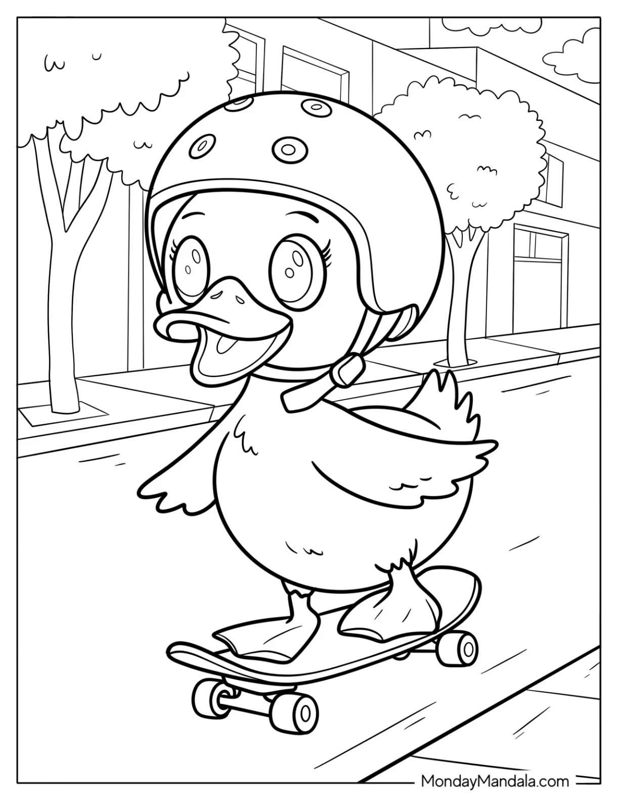 Duck Skateboarding Down the Street Coloring Page For Kids coloring page — printable line art