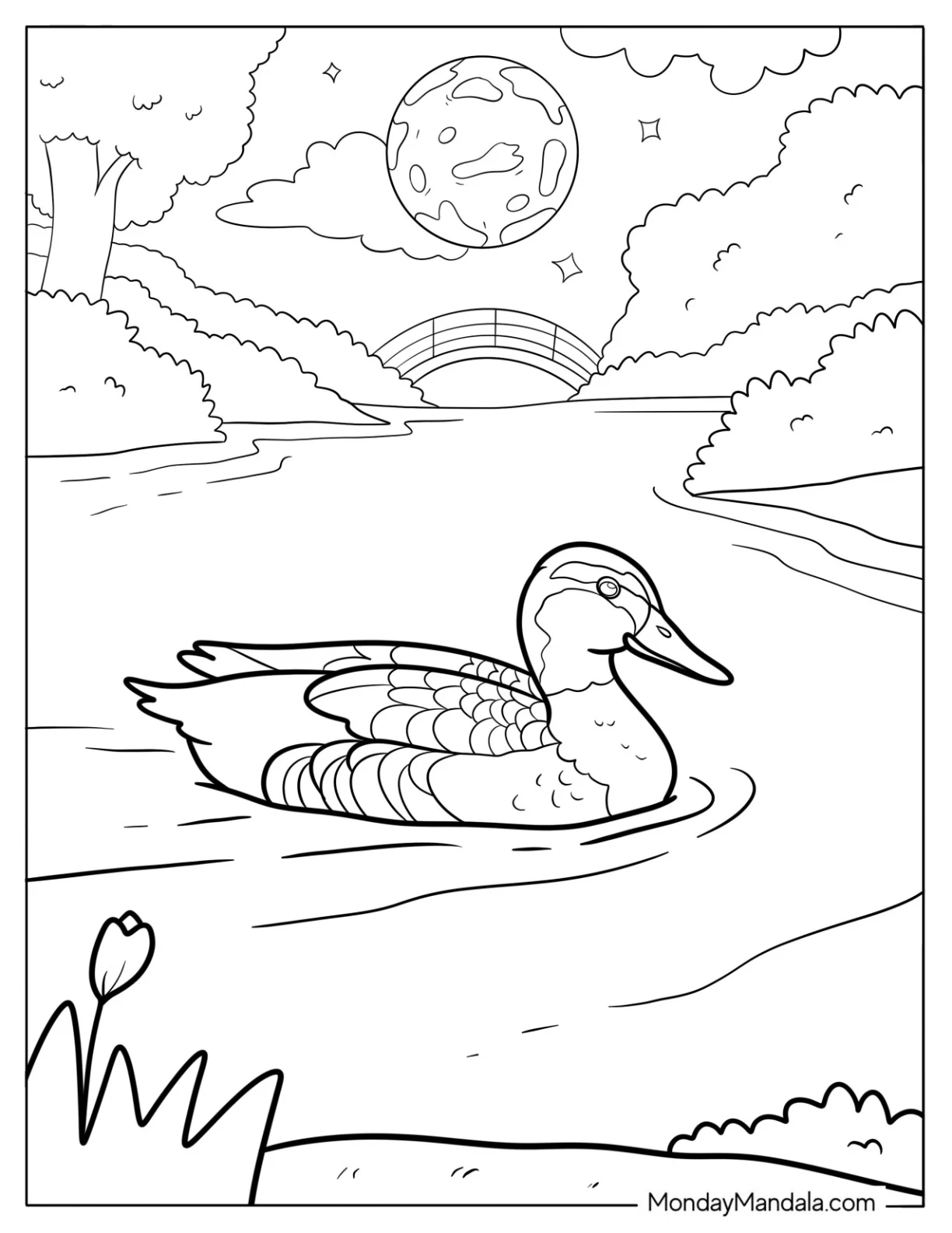 Duck Swimming Under the Moon Coloring Sheet coloring page — printable line art