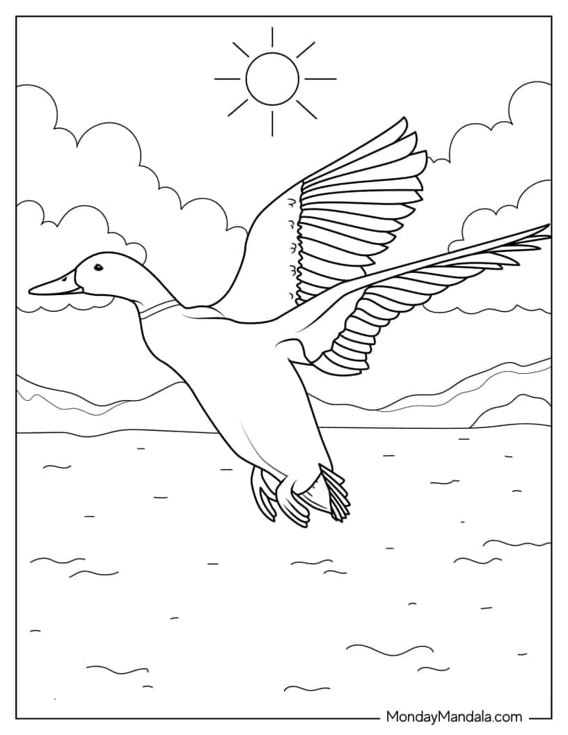 Duck With Wings Open Ready To Fly coloring page — printable line art