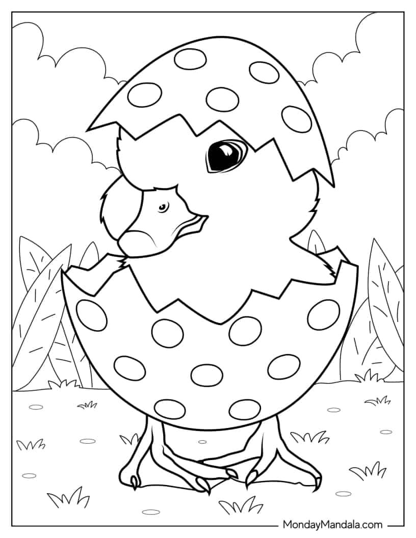 Duckling Hatching From Easter Egg coloring page — printable line art