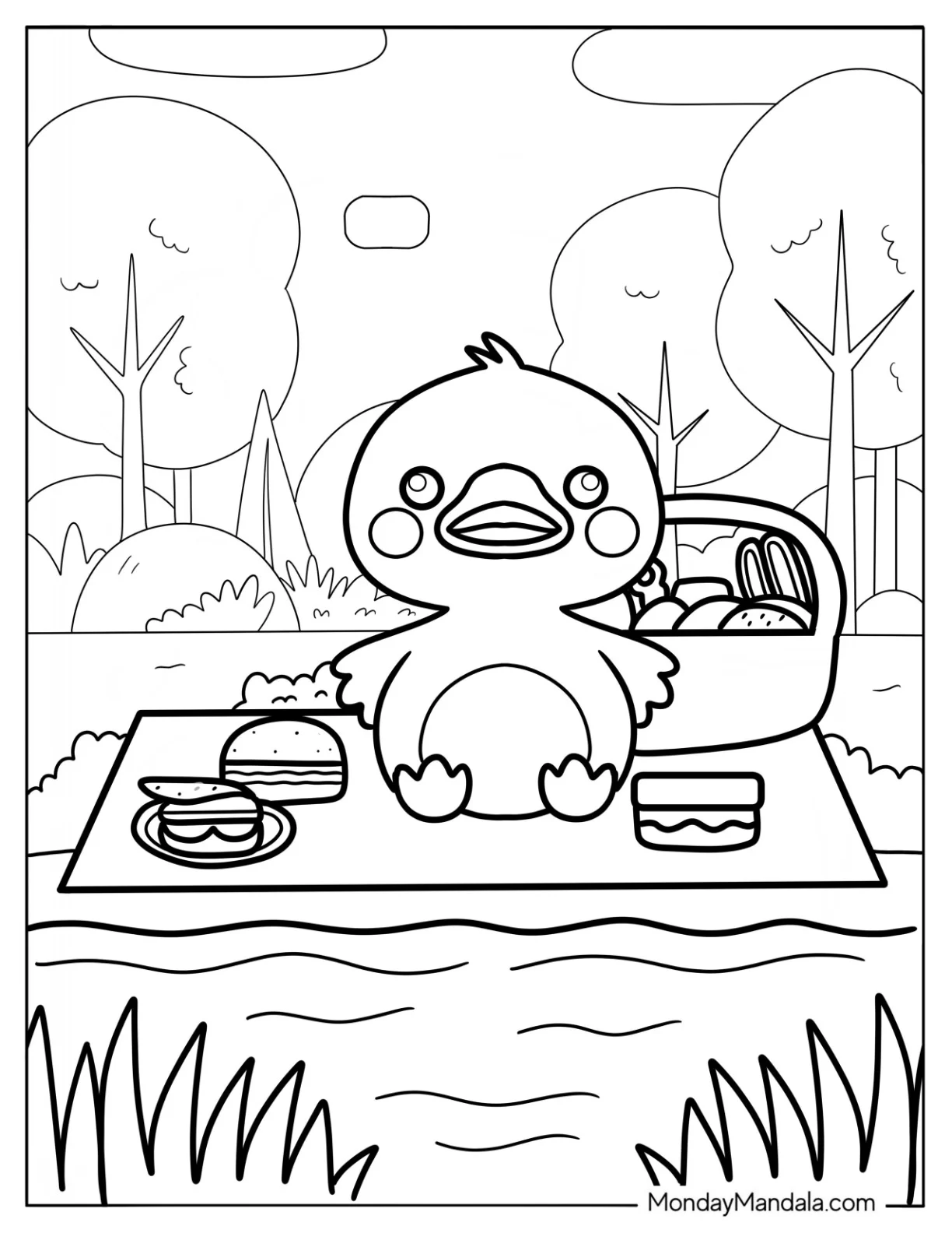 Duckling with Picnic Basket and Food Coloring Sheet For Preschoolers coloring page — printable line art