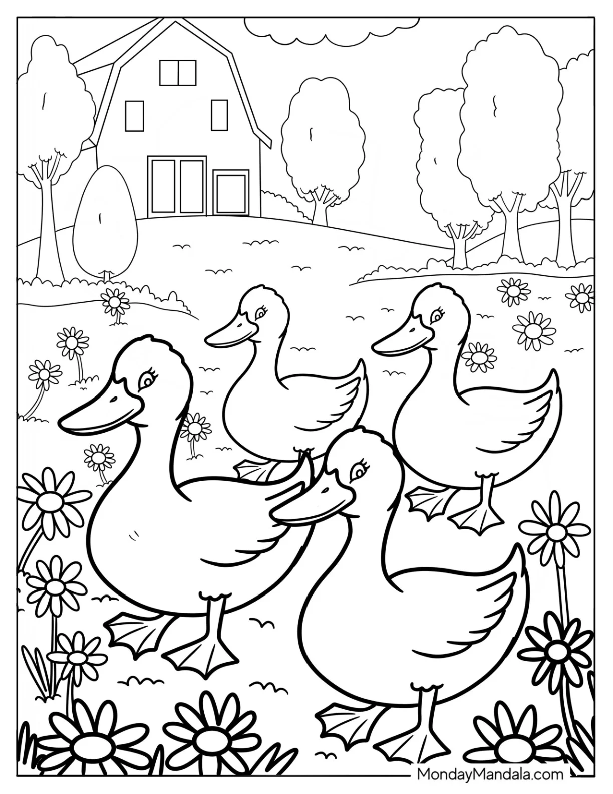Farm Ducks Walking Through Flower Field coloring page — printable line art