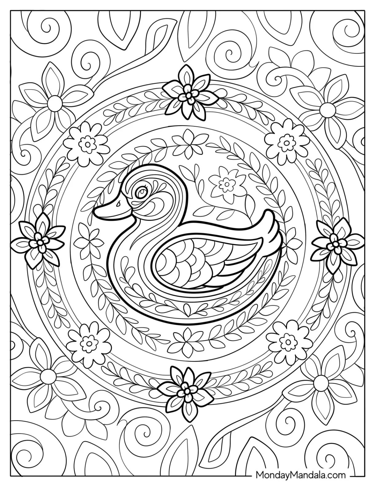 Intricate Duck Mandala with Floral Patterns Coloring Page For Adults coloring page — printable line art