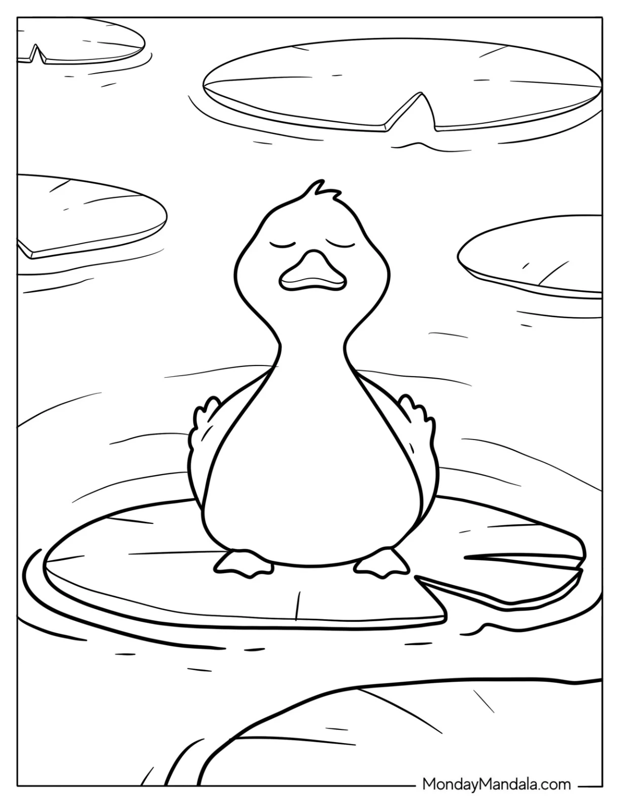 Peaceful Duck on Lily Pad in Pond Coloring Sheet For Preschoolers coloring page — printable line art