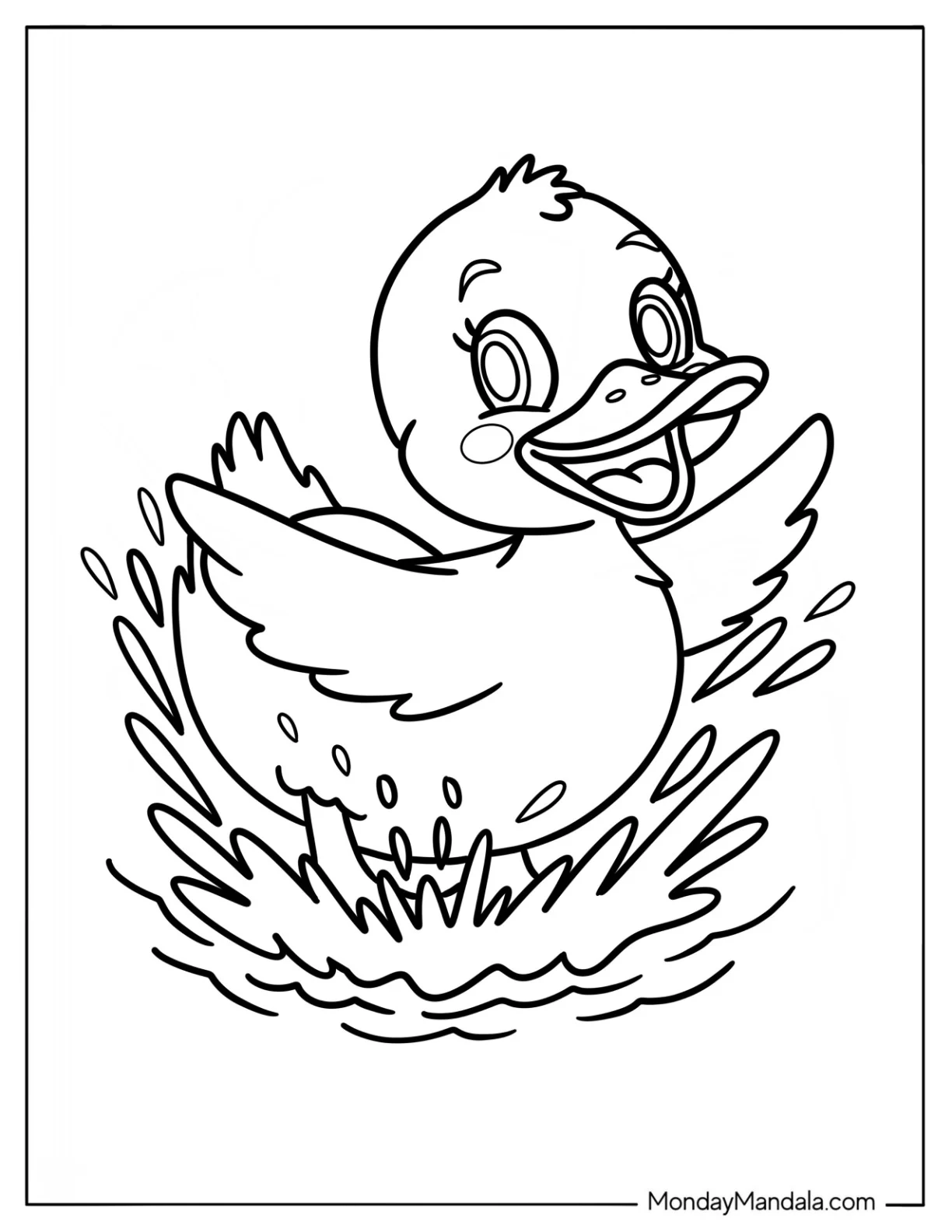 Playful Duck Splashing in Water Coloring Sheet For Preschoolers coloring page