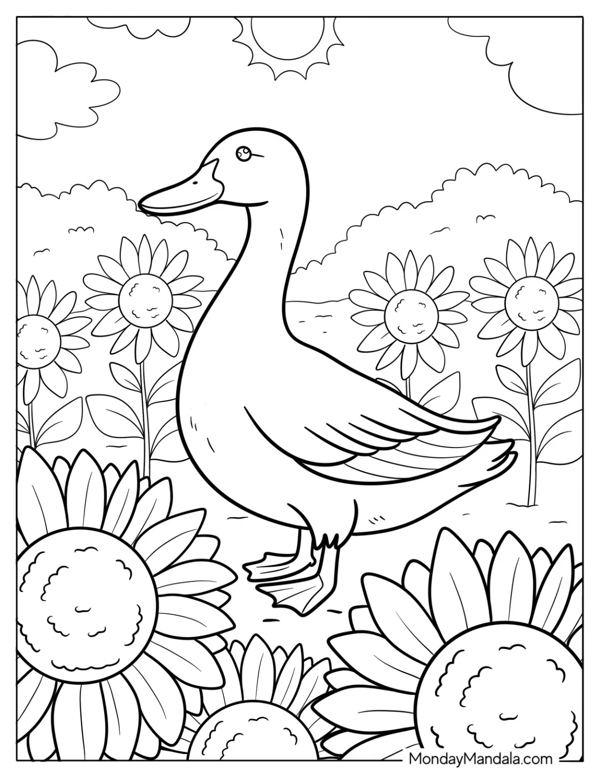 Realistic Duck in a Field of Sunflowers coloring page