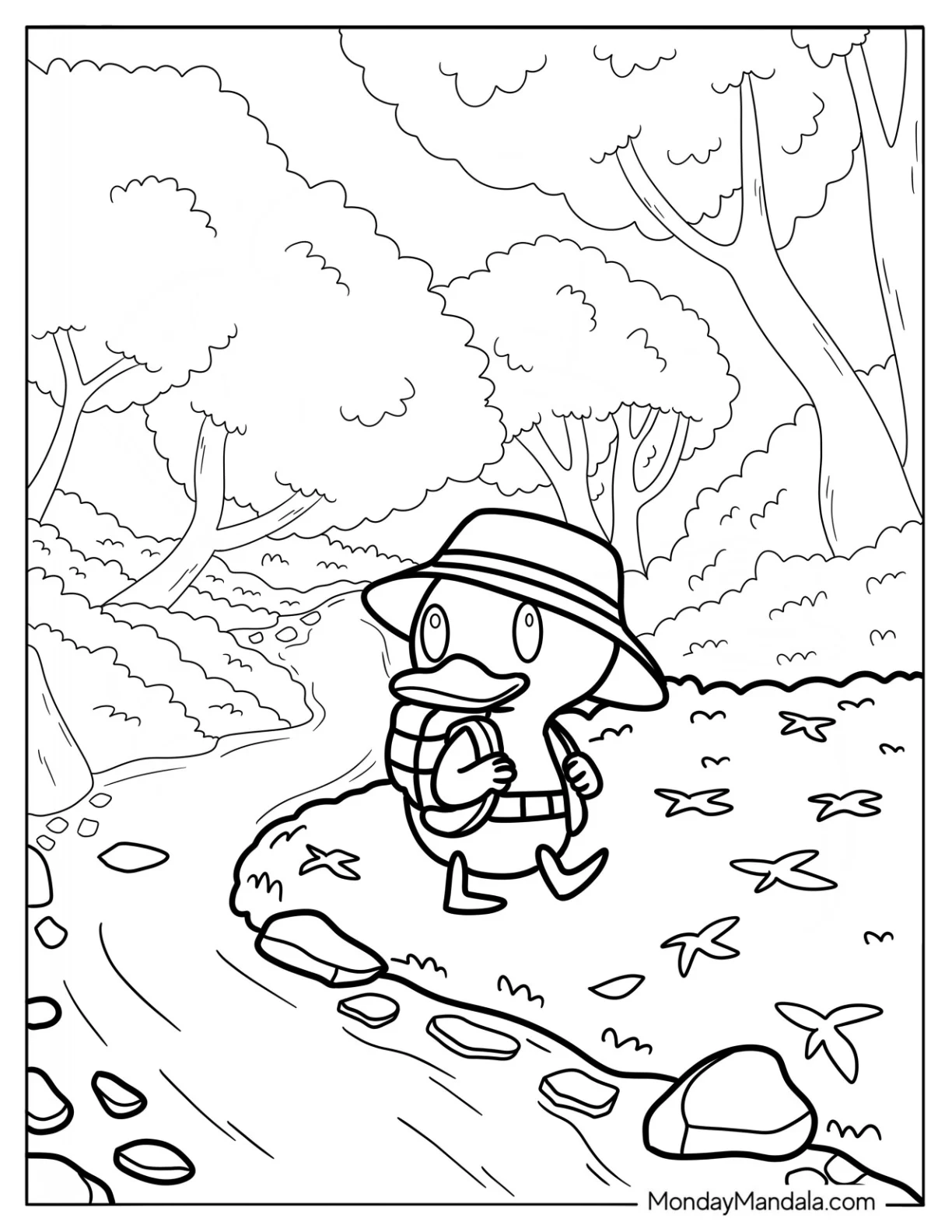 Simple Hiker Duck Next To the River Coloring Page For Preschoolers coloring page — printable line art