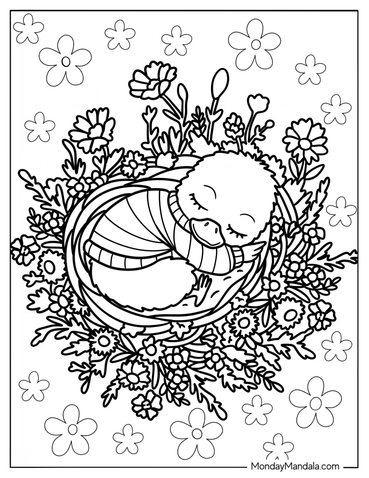 Sleeping Duckling Inside A Flower Wreath coloring page — printable line art