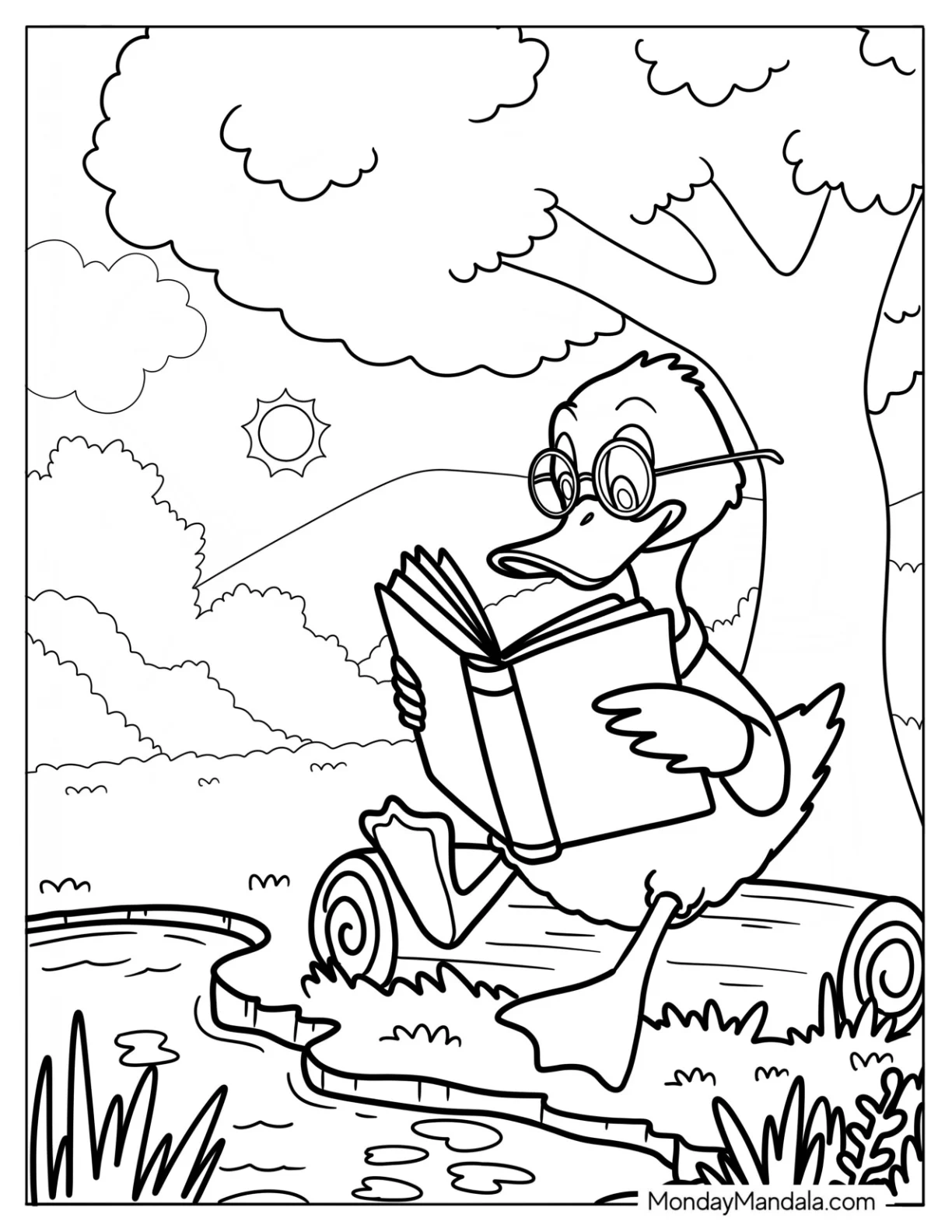 Smart Duck Reading by the Pond Coloring Page coloring page — printable line art