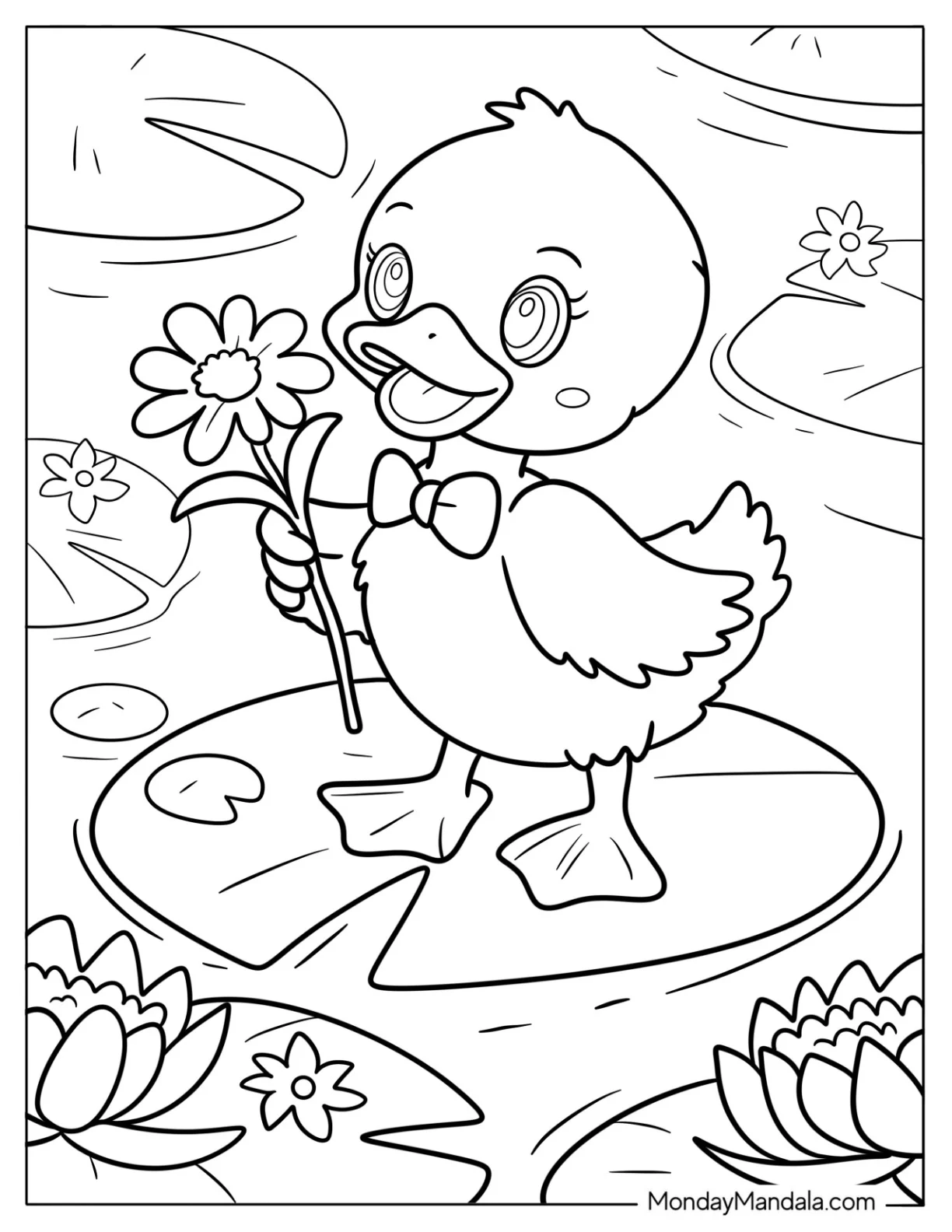 Smiling Duckling With Flower And Bowtie coloring page — printable line art