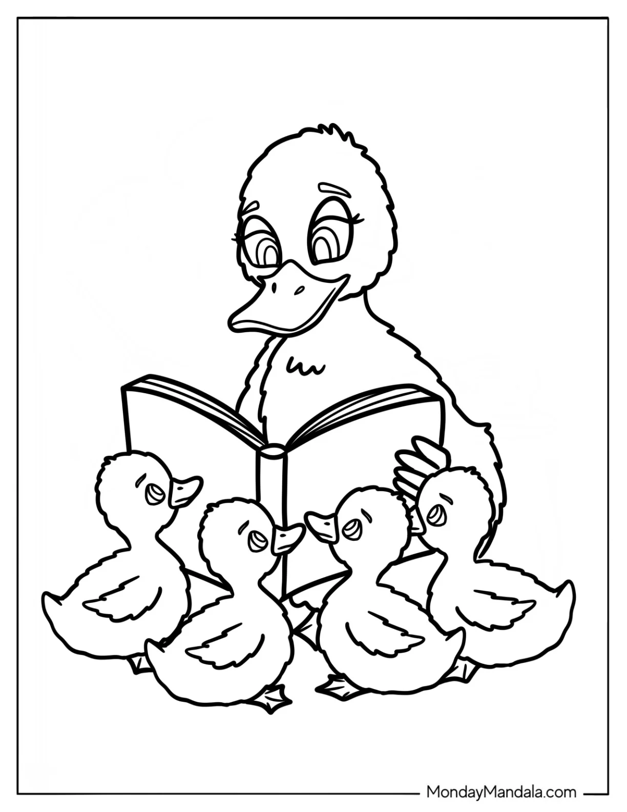 Storytime with Mama Duck and Baby Ducks coloring page — printable line art
