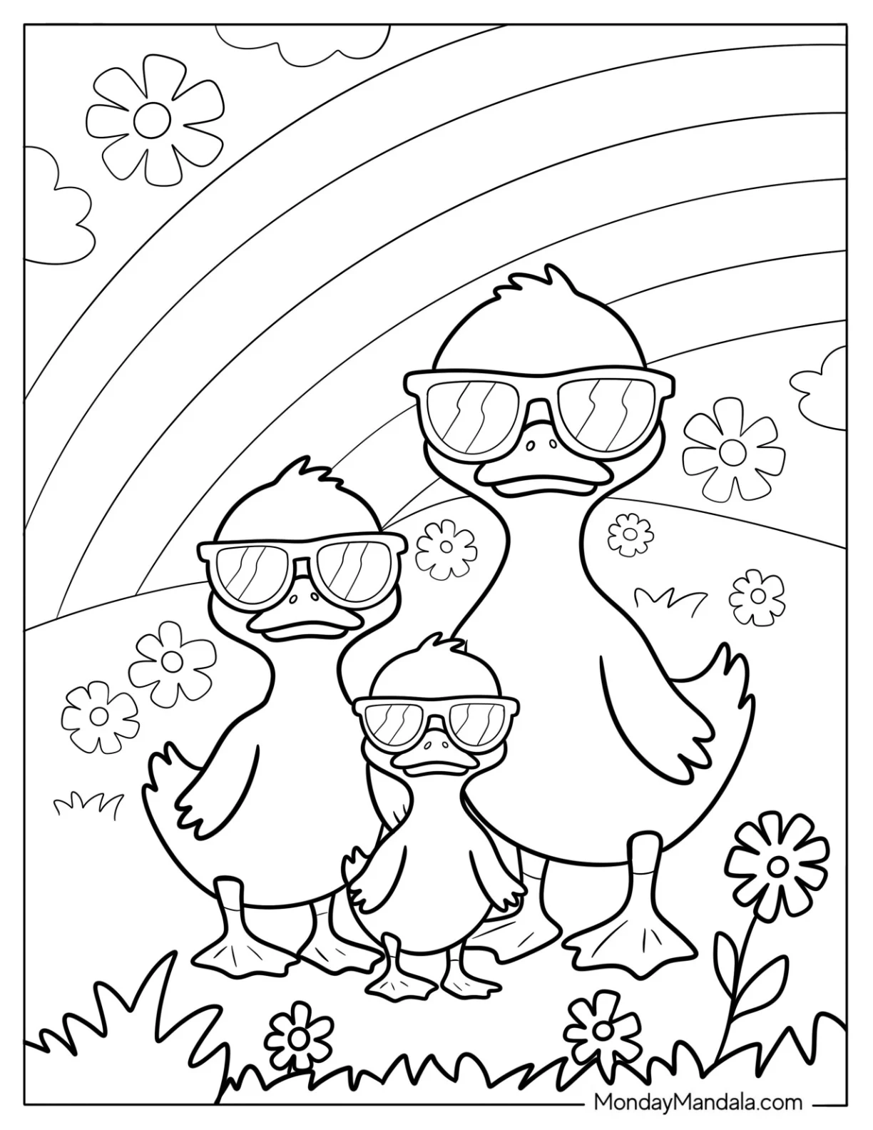 Three Cool Ducks Under A Rainbow coloring page