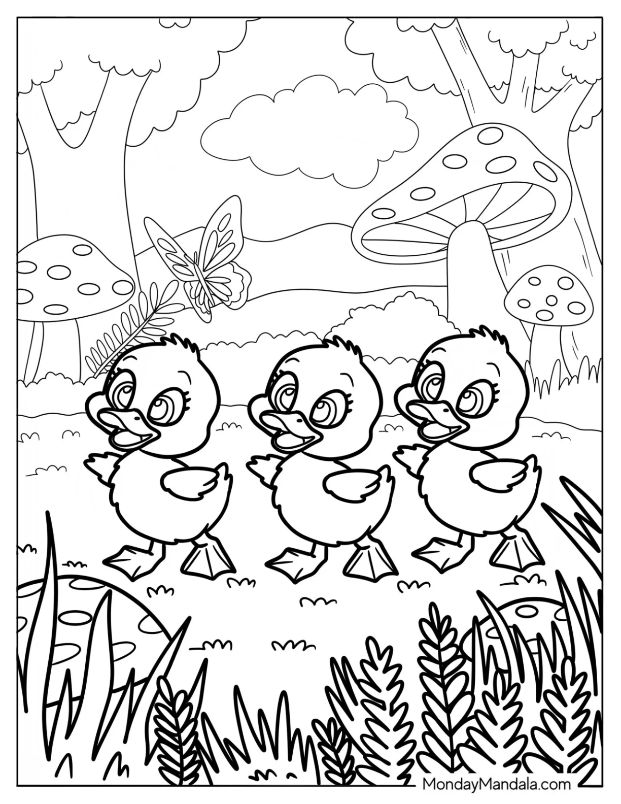 Three Little Ducklings In The Forest Coloring Sheet For Kids coloring page — printable line art