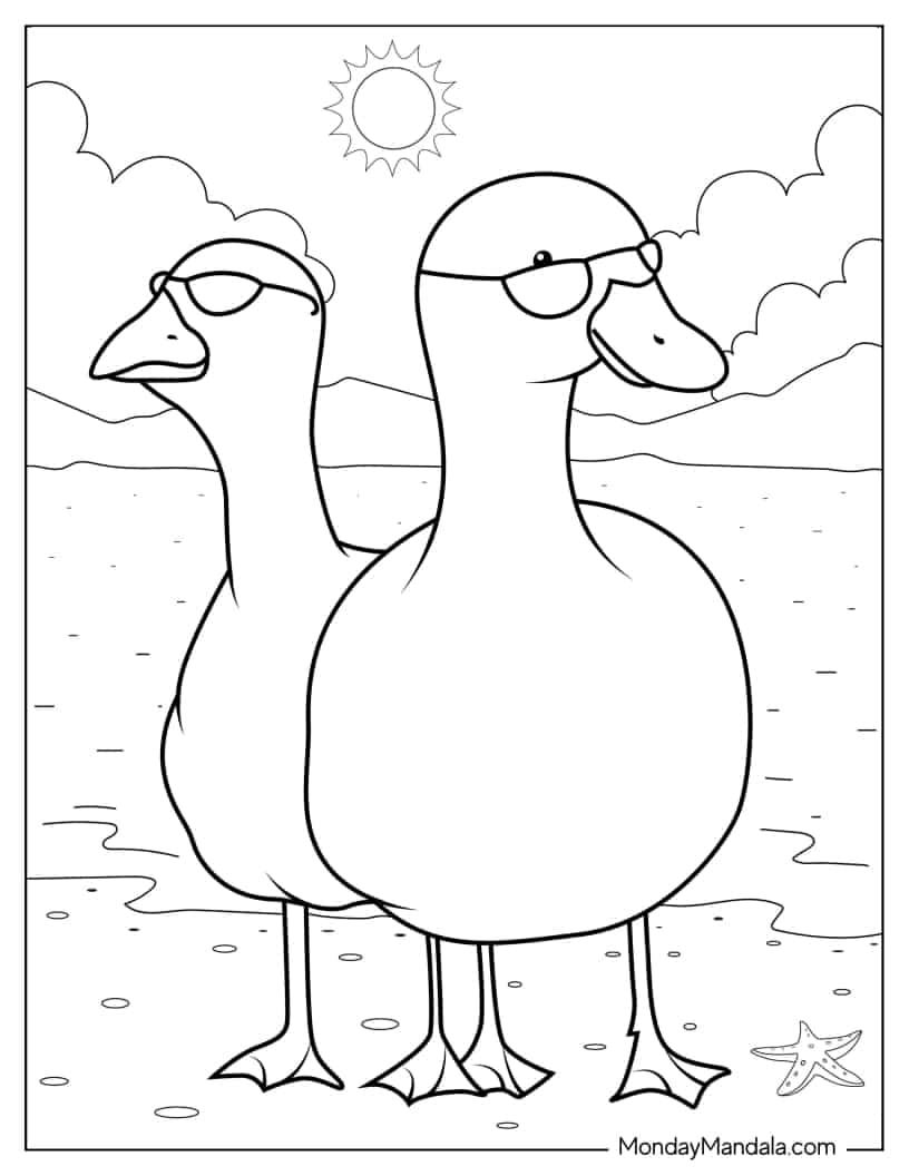 Two Ducks Wearing Sunglasses At The Beach coloring page