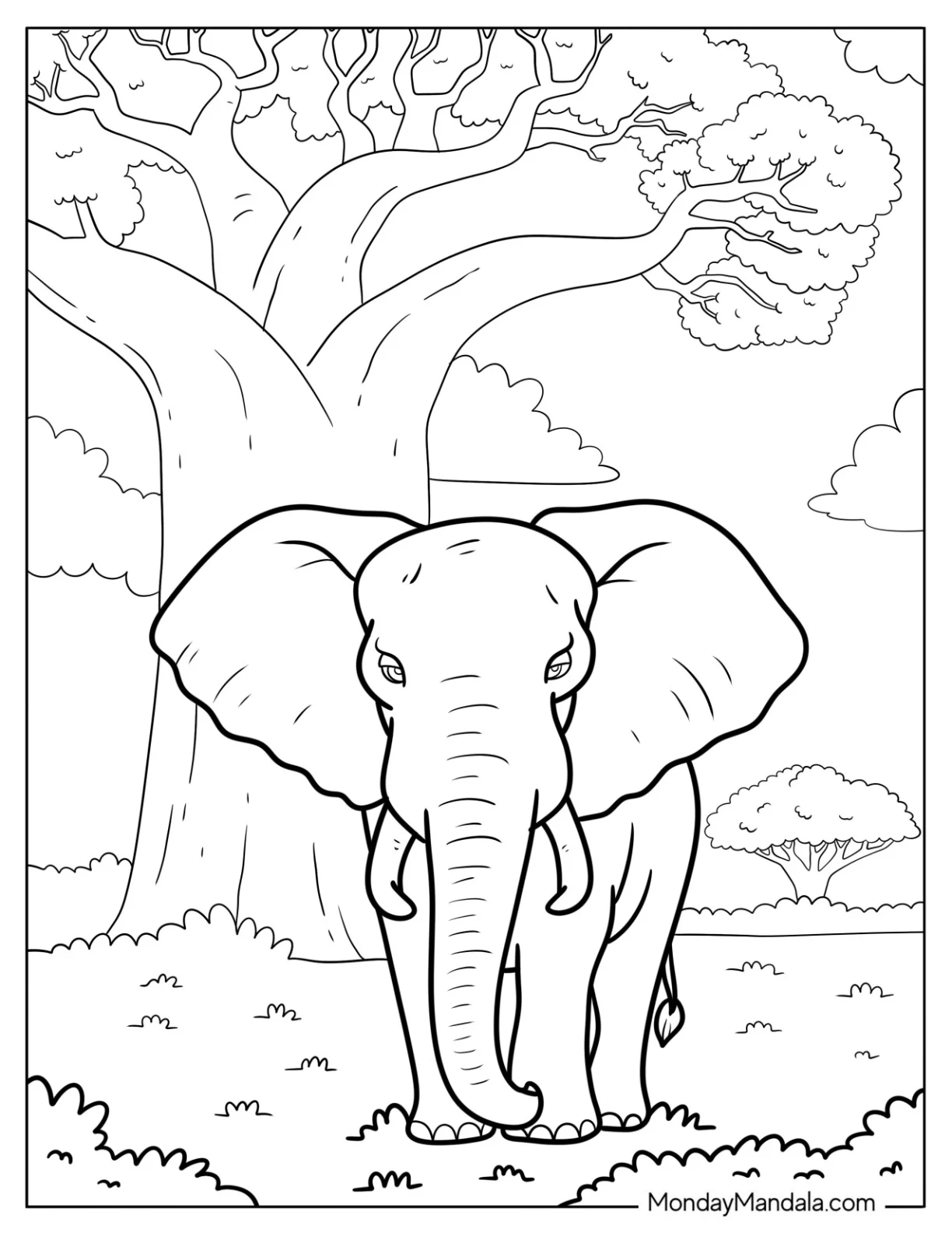 African Elephant Coloring Page in a Sunlit Savannah Landscape coloring page