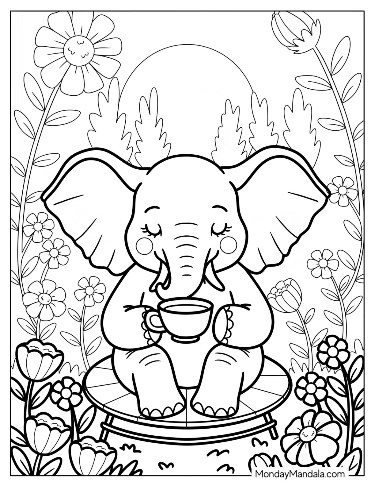 Charming Cartoon Elephant Coloring Page with Blushing Cheeks in a Tranquil Flower Garden coloring page