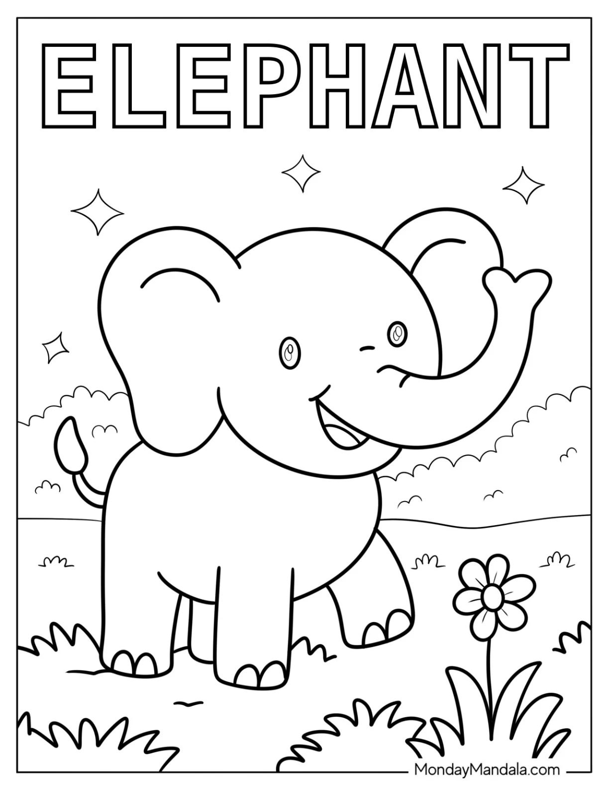 Cheerful Baby Elephant Coloring Page with Uplifted Trunk in a Sunny Meadow for Kids coloring page
