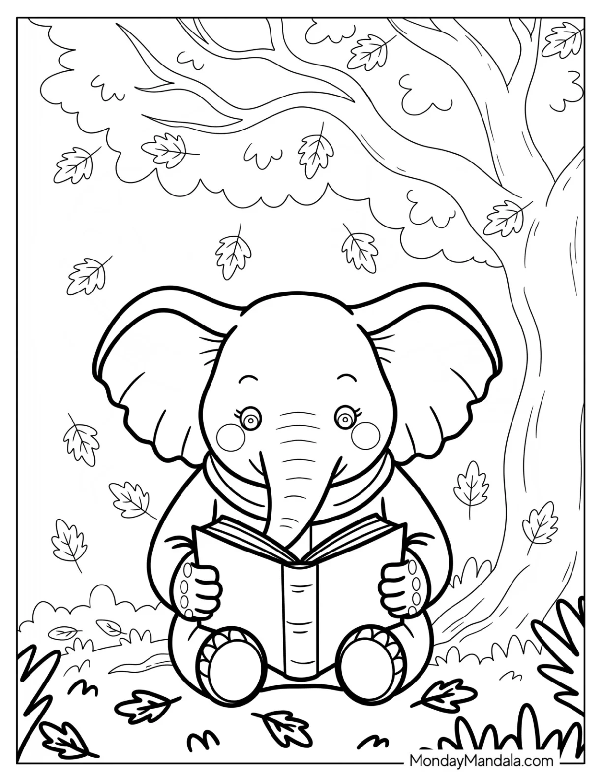 Cute Elephant Coloring Page Reading a Book Under a Tree with Falling Leaves for Kids coloring page