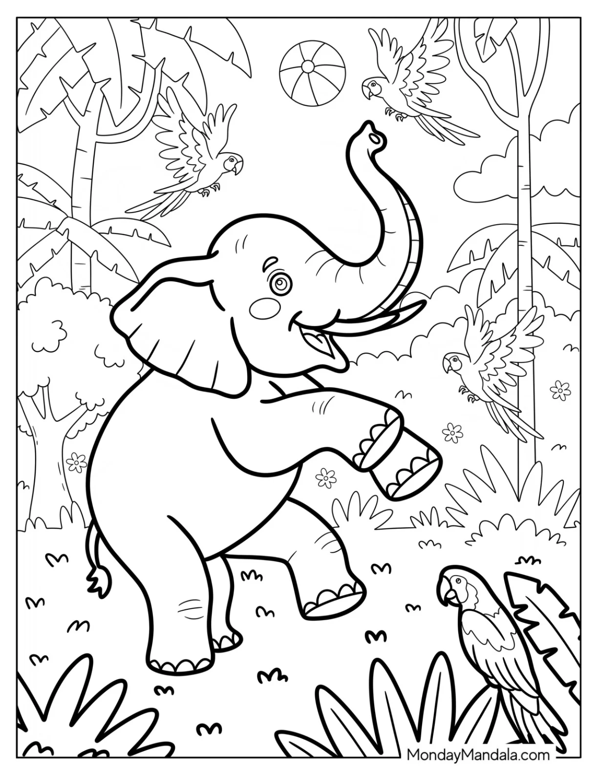 Elephant Coloring Page Dancing in the Jungle with Colorful Parrots for Kids coloring page — printable line art