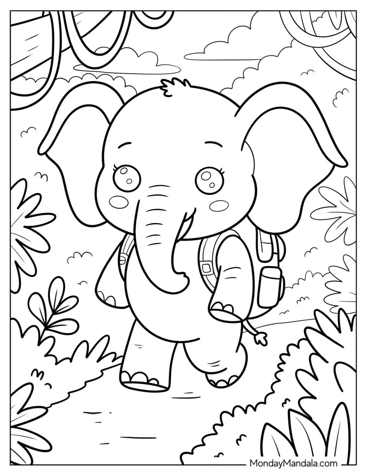 Elephant Coloring Page Hiking Through the Wild with Jungle Leaves and Vines coloring page