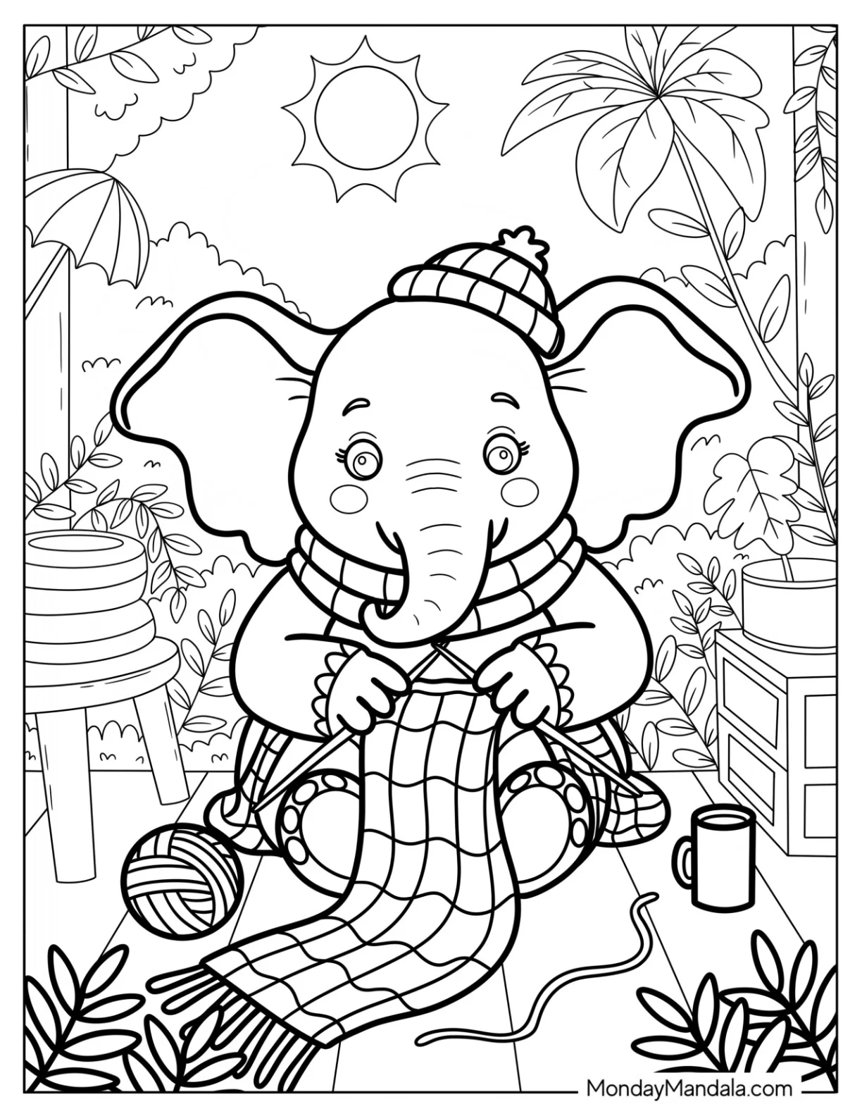 Elephant Coloring Page Wearing Beanie and Scarf Knitting in the Sun coloring page — printable line art