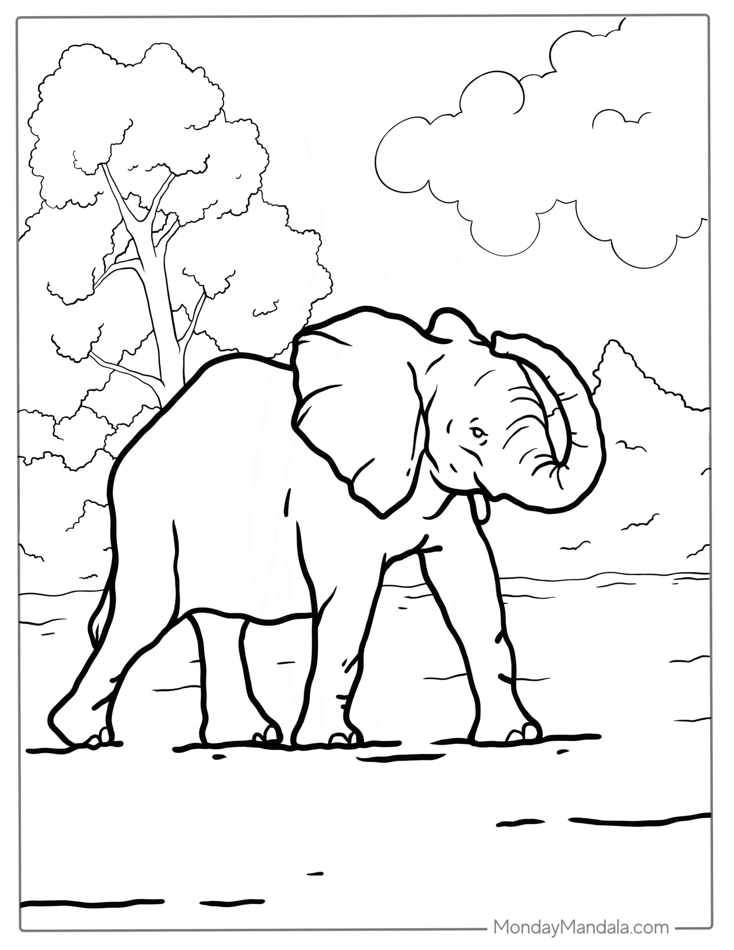 Elephant With Big Trunk Coloring In coloring page — printable line art