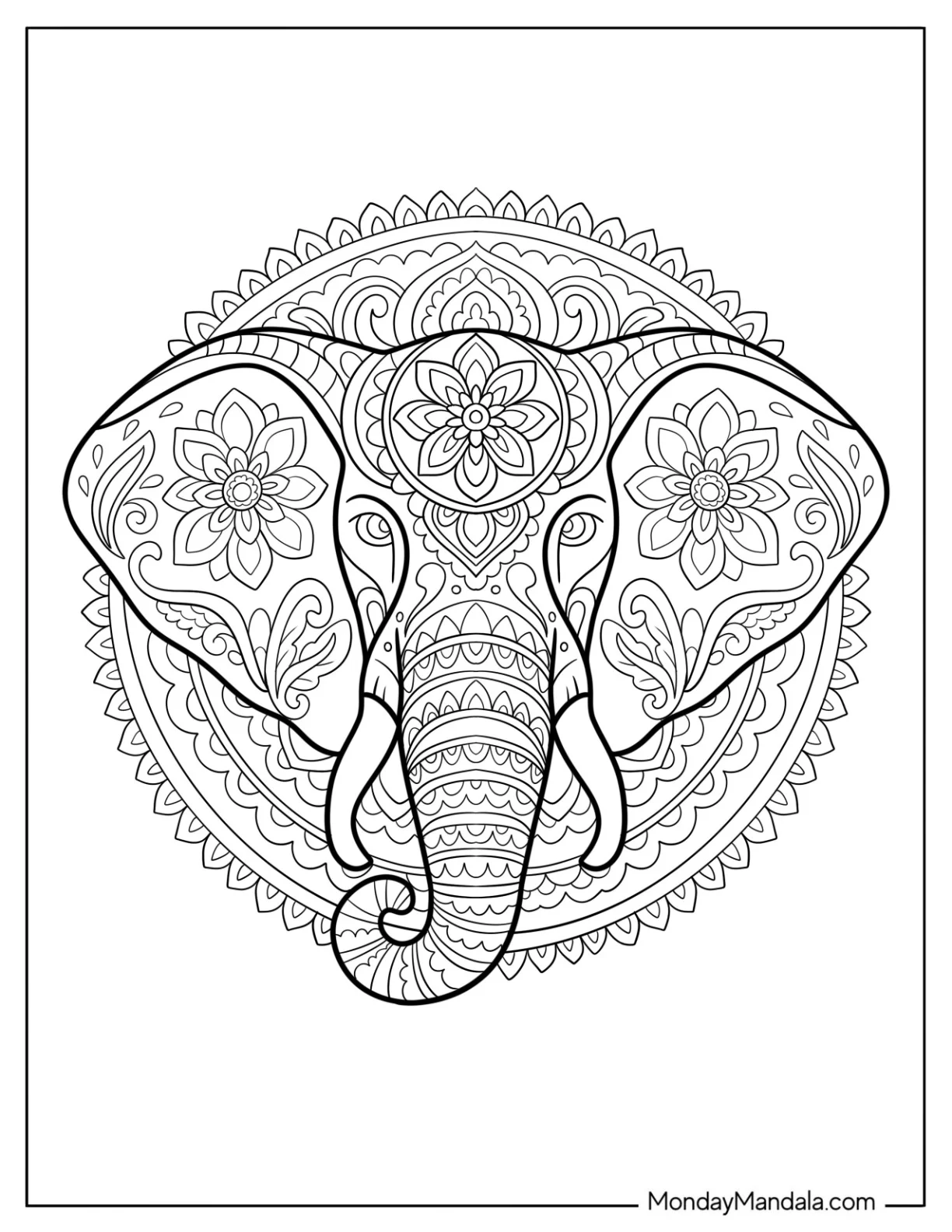 Floral Elephant Coloring Page Head with Mandala Design coloring page